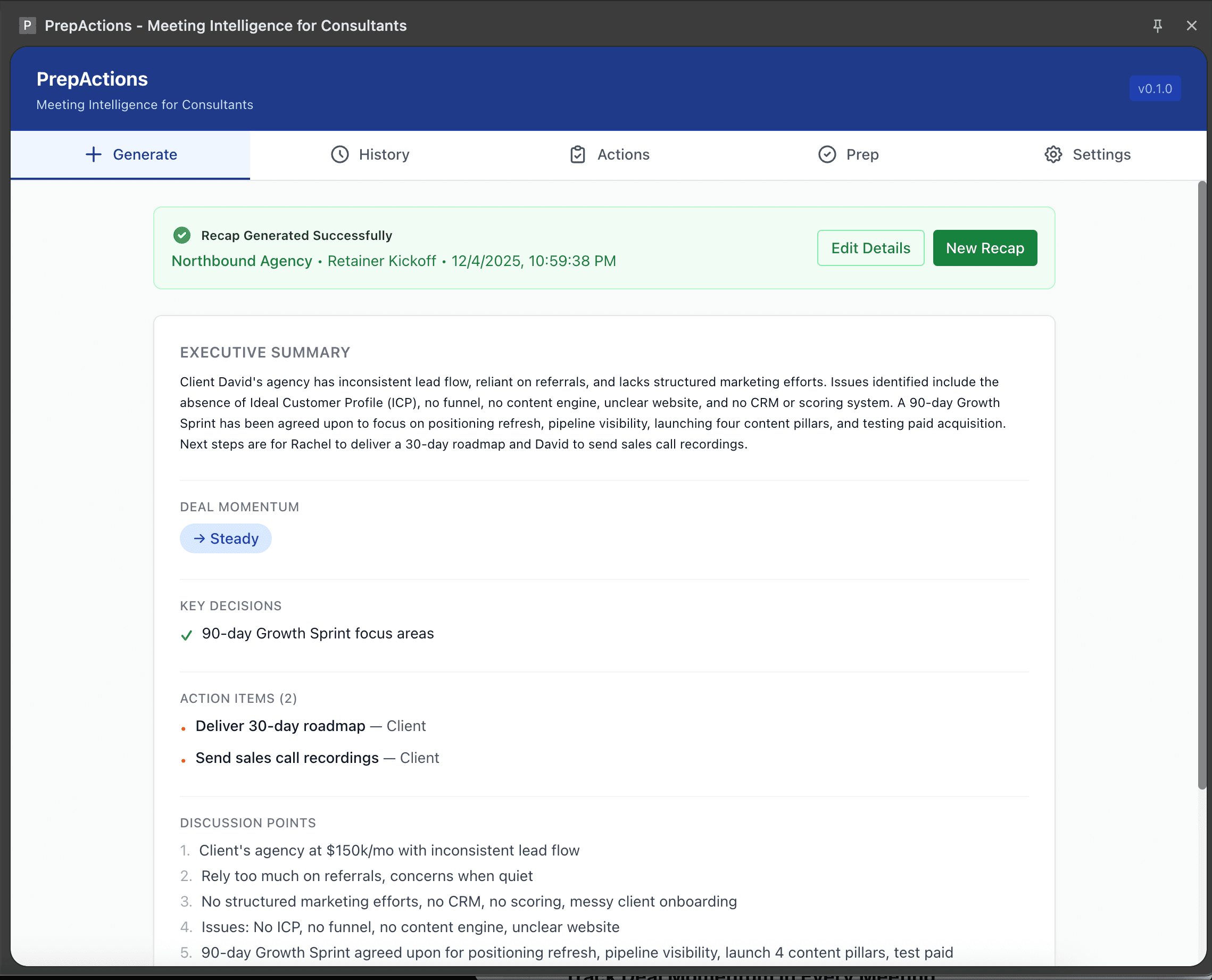 PrepActions Chrome Extension - AI-powered meeting recap with executive summary, action items, and discussion points